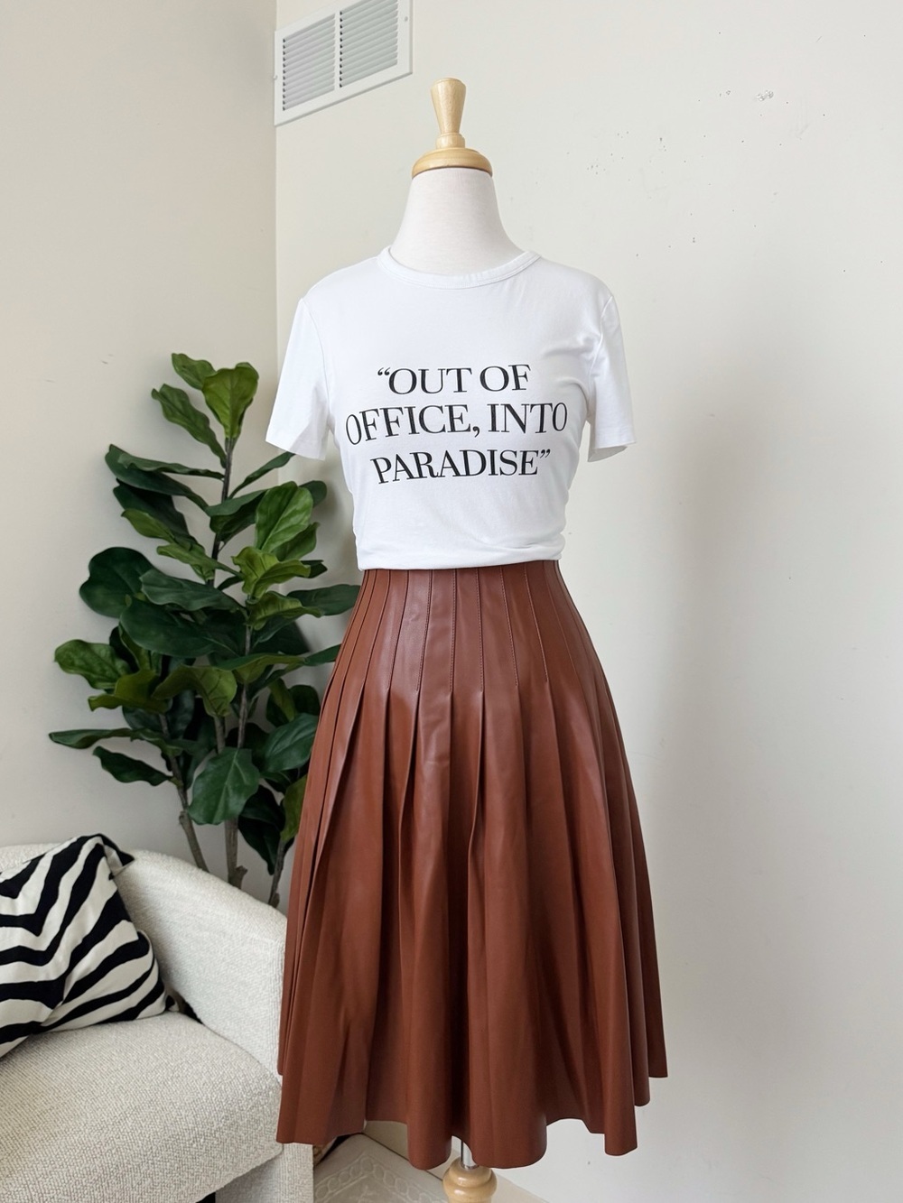 A-Line Faux Leather Midi Skirt - Brown - Picture 10 of 14